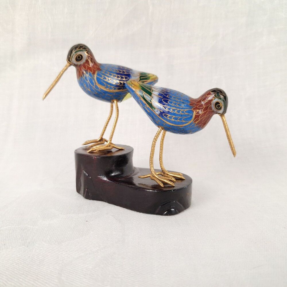 Vintage Chinese Cloisonné Enamel Brass Sandpiper Pair on Tiered Wood Stand 2.5"